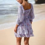 EXLURA Womens Floral Ruffle Summer Dress Sundress Tiered Square Neck Long Sleeve Off Shoulder Smocked Skater Mini Dress - Image 9